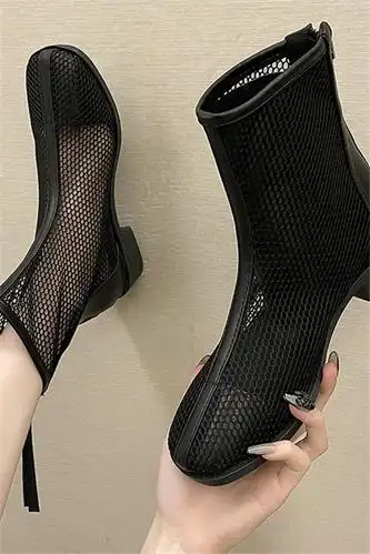 网纱镂空靴子女春夏新款中跟网靴透气方头短靴粗跟凉靴