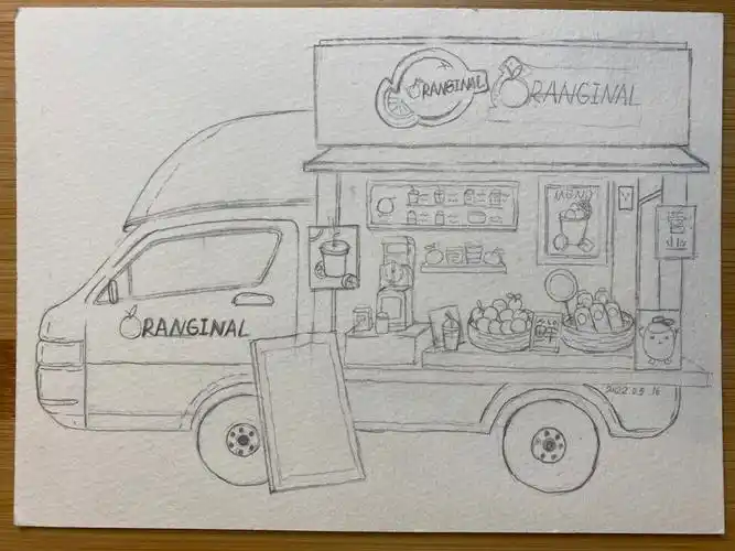 钢笔淡彩|水彩临摹 44/100 餐车线稿过程_水彩画_临摹_钢笔淡彩_绘画