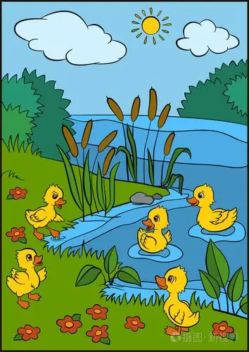 五只可爱的小鸭子玩在湖边