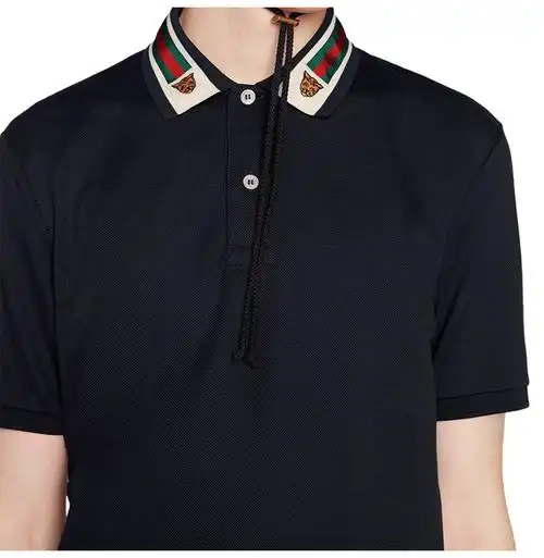 gucci古驰男装男士条纹织带虎头polo衫短袖t恤商务休闲polo短袖深蓝色