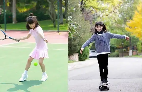 11岁森碟教爸爸玩滑板,田亮动作显笨拙,森碟抱怨比写作业还累