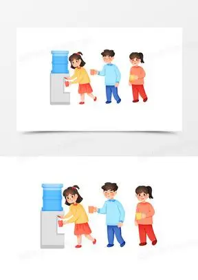 手绘卡通小朋友排队接水喝免抠素材