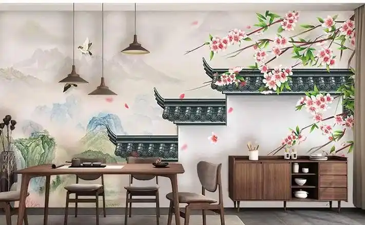 中式徽派建筑马头墙古风水墨山水壁画酒店床头背景茶馆茶室采耳馆中式