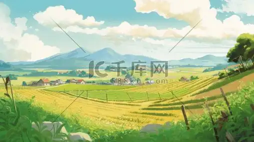 绿色农田自然风景插画夏日清新绿色庄园菜园手绘绿色油画质感盛夏自然