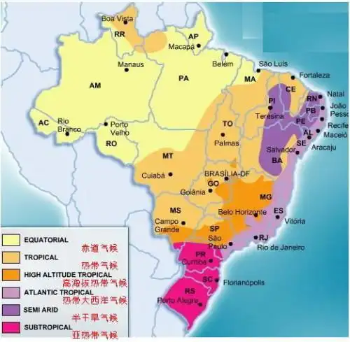 求巴西气候分布图