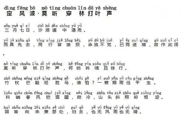 《定风波·莫听穿林打叶声》莫听穿林打叶声,何妨吟啸且徐行