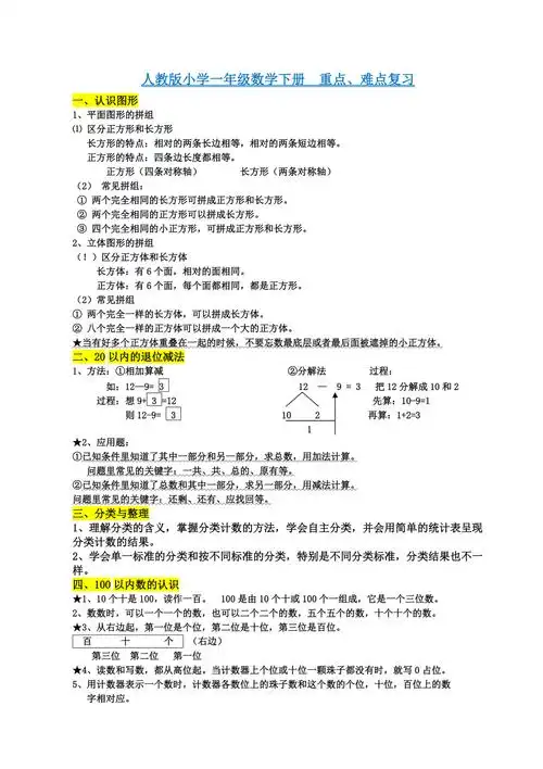 人教小学一年级数学下册知识点归纳总结
