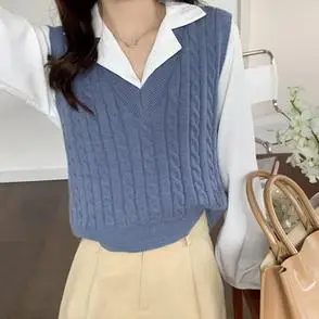 实拍实价2021秋季女装韩版新款v领针织衫学院风毛衣马甲背心短款