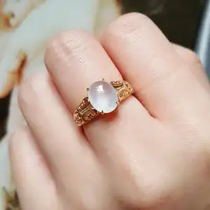 天然a货翡翠灯泡戒指白冰蛋面镶嵌18k黄金复古勾花指环女款戒托