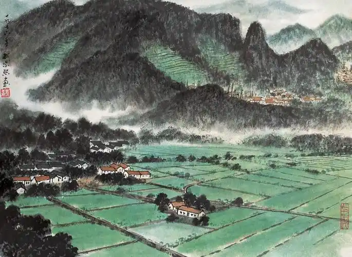 【1976年作 山居农田绿 镜心 设色纸本】拍卖品_图片_价格_鉴赏_绘画