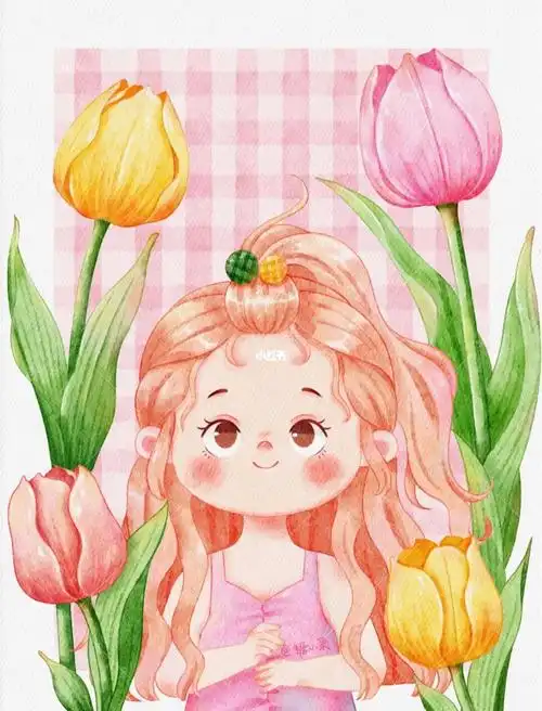 治愈系水彩插画郁金香女孩