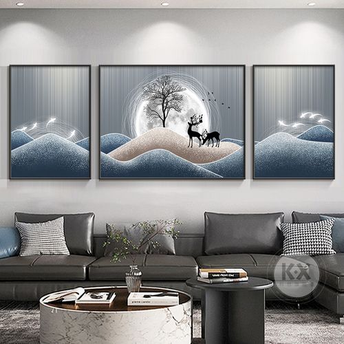 客厅装饰画福禄双全轻奢大气三联寓意好麋鹿画墙壁沙发背景墙挂画