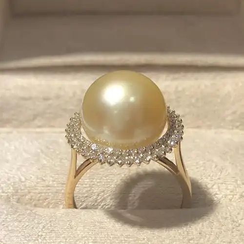 麦典珍珠12-13mm 海水南洋金珍珠戒指 正圆 强光 18k金钻石戒指女