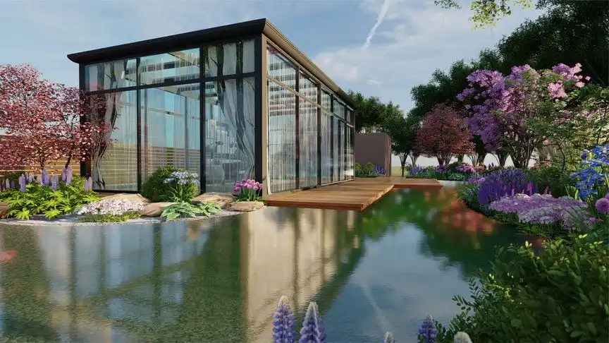 阳光房设计成亲水平台,防腐木搭配绿植小景,这就是大自然的感觉