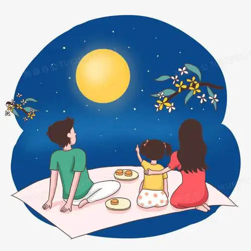 手绘卡通一家人创意赏月免抠元素