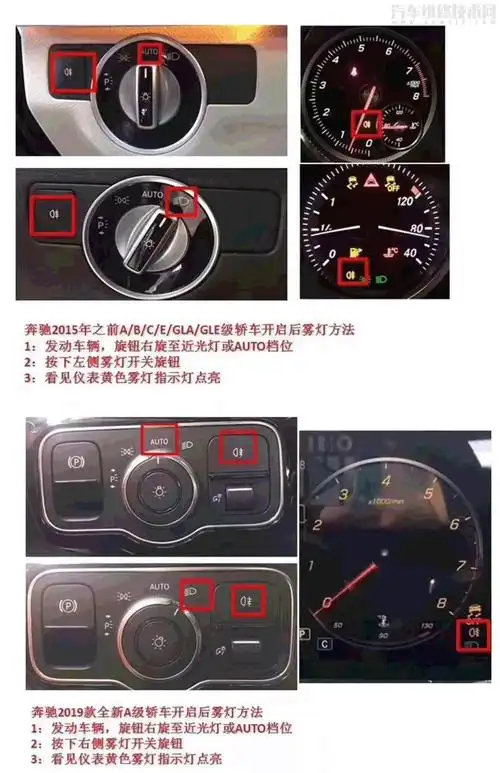 奔驰2015年之前a/b/c/e/gla/gle级轿车开启后雾灯方法1:发动车辆,旋钮