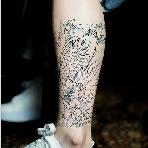 割线线条发财富贵鱼仿真纹身贴 男女款 花臂 包小腿 锦鲤龙鱼防水