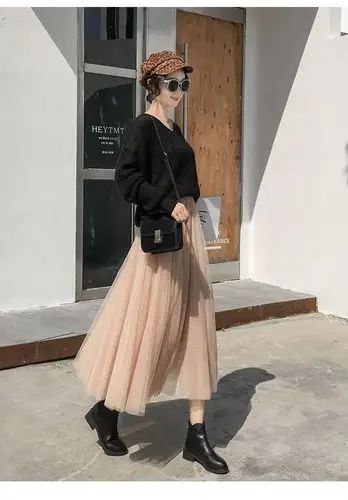 网纱半身裙秋冬季纱纱裙配毛衣2019新款高腰仙女加厚中长款百褶裙