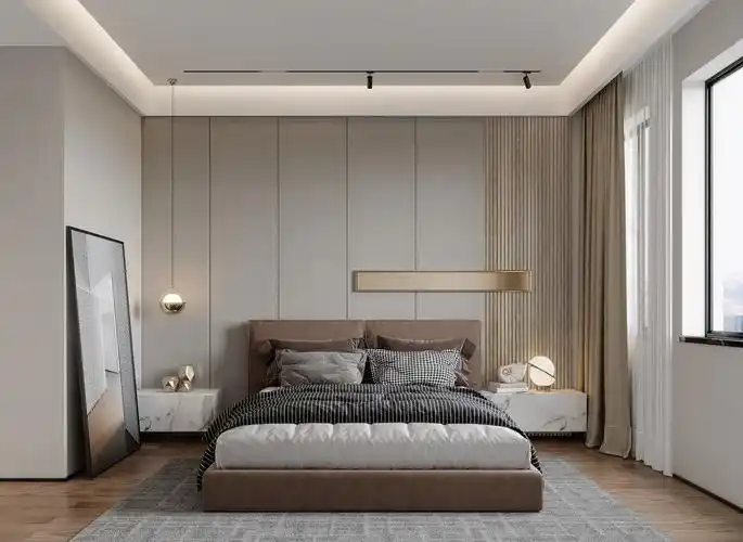 两居室现代简约卧室装修实景图片欣赏-轻奢风格卧室实木地板装饰设计