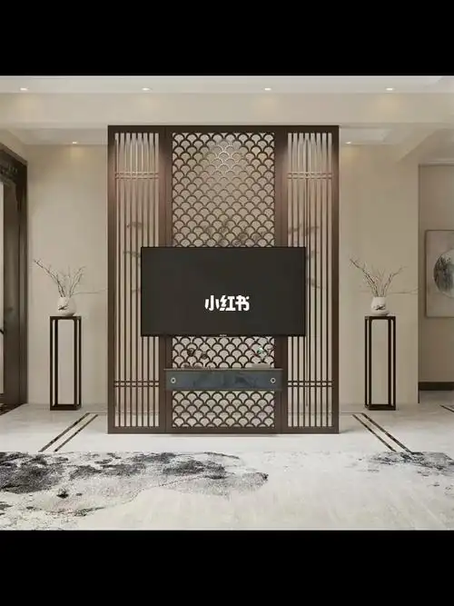 新中式实木格栅电视背景墙玄关镂空隔断组合客厅进门现代艺术简约