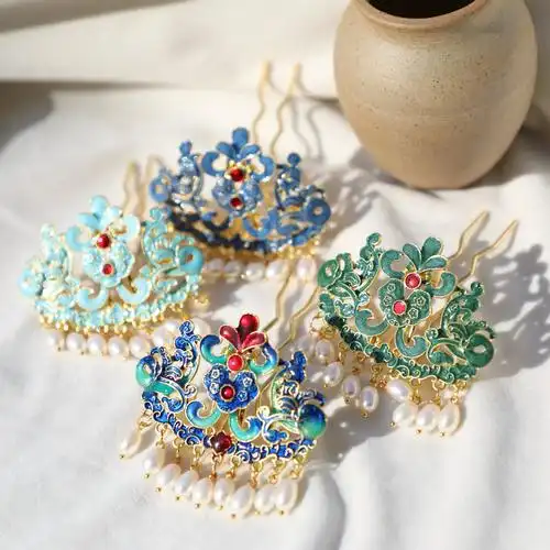 雾吟原创 时归 四色可选烧蓝发冠珍珠汉服头饰古风配饰明制搭配