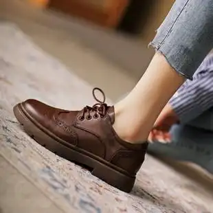 复古女鞋软皮小皮鞋英伦风布洛克棕色牛津鞋休闲春秋真皮黑色单鞋