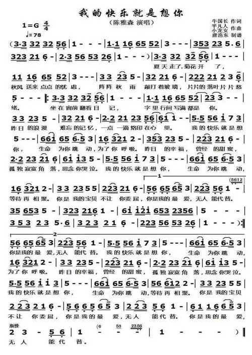 我的快乐就是想你 陈雅森 歌谱 简谱