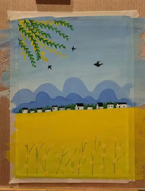 儿童水粉画春天的景色柳树燕子油菜花