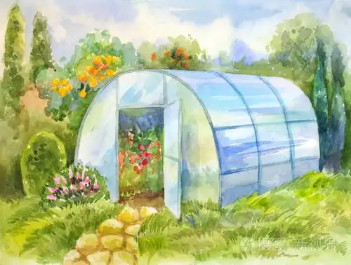 水彩图片与温室在花园里.手绘插图海报, 明信片或年份夏日壁纸
