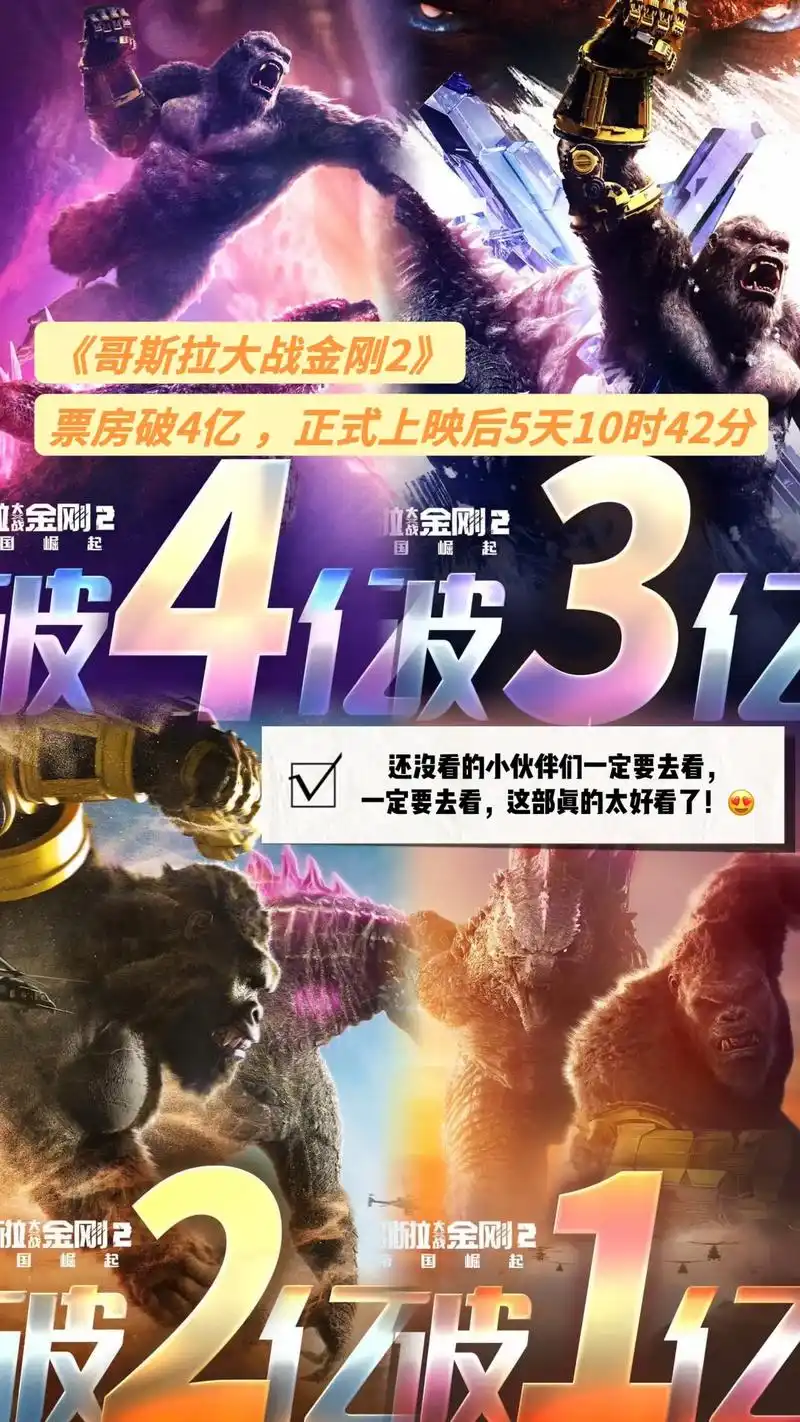 《哥斯拉大战金刚2》票房破4亿.#哥斯拉大战金刚2 怪兽顶流 - 抖音