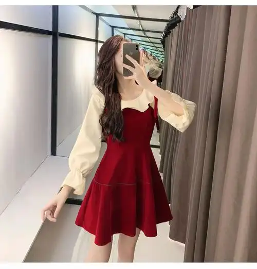 红色吊带裙背带裙秋2019早秋新款上衣配裙子chic两件套连衣裙8734