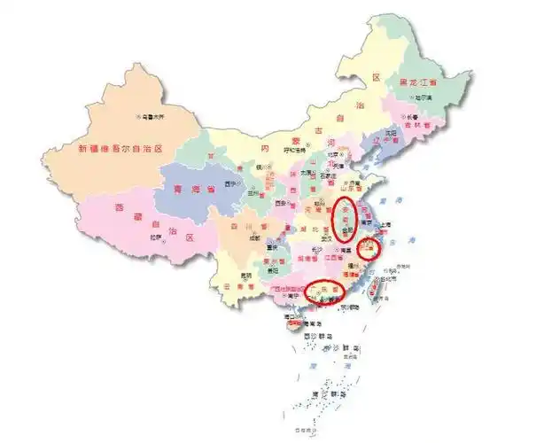 中国地图上面的广东省,浙江省,安徽省位置如下所示.