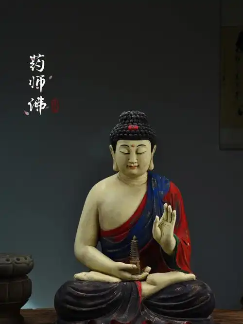 药师佛香樟木矿物彩绘祛除瘟疫消灾解难