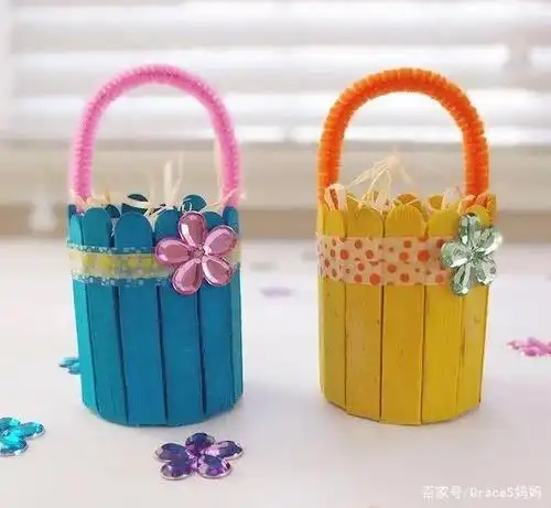 亲子小手工,夏日里的冰棒棍小花篮
