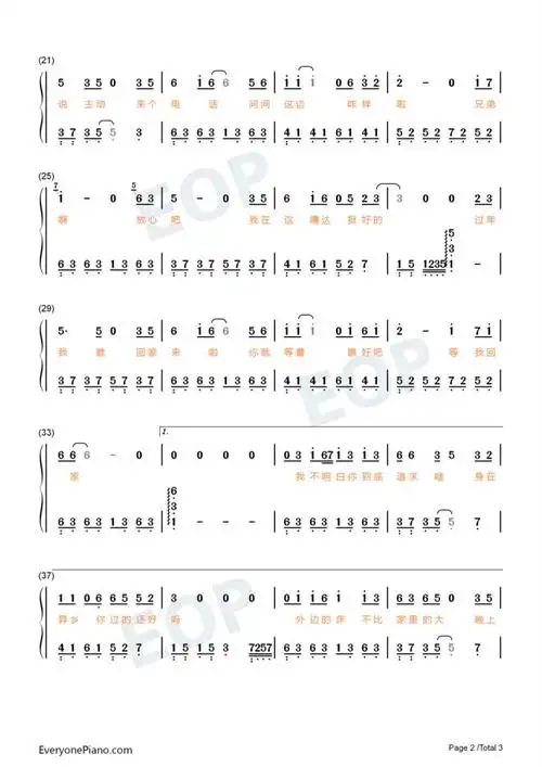 兄弟想你了 钢琴数字简谱 -抖音热歌-对岸曲谱