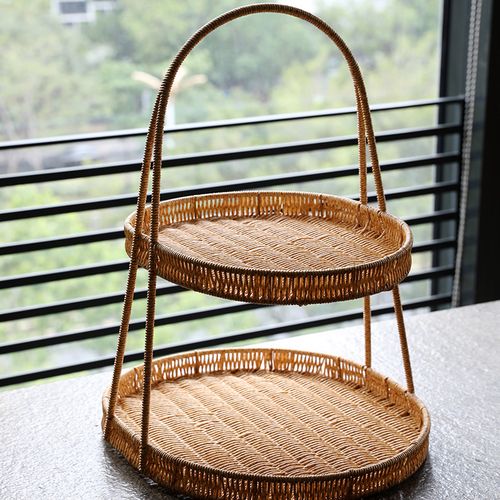 塑料仿藤编水果盘北欧 客厅多层果篮疏果置物架 创意零食筐茶点盘