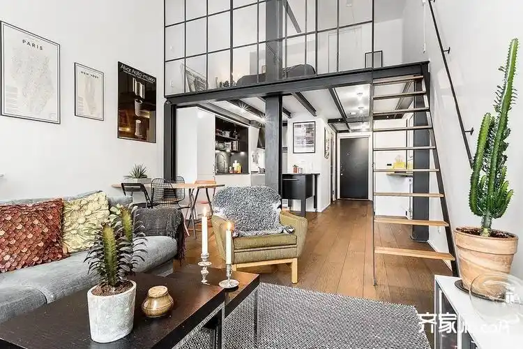 40简欧复式装修效果图,40平工业风时尚loft装修案例效果图-齐家网