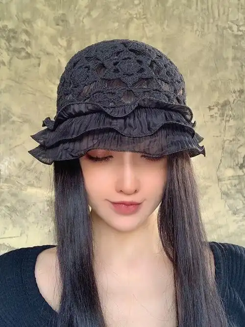 uzzi手工编织荷叶边蕾丝镂空包头帽木耳花边纯棉线帽渔夫帽盆帽—帽子