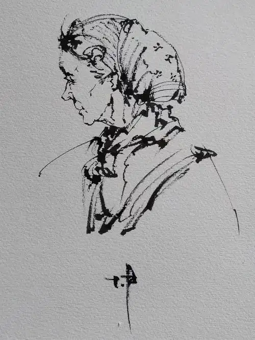 钢笔画人物速写:老妇 一直在想.