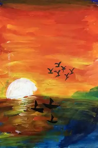 少儿书画作品-《晚霞》/儿童书画作品《晚霞》欣赏_中国少儿美术网