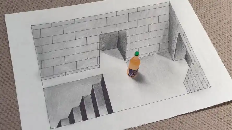 坑下平台有楼梯,纸上的3d立体画