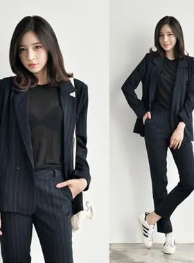 韩国春秋冬款竖条纹ol职业气质西装外套 九分长裤西服两件套装女