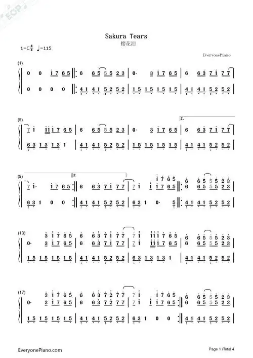 sakura tears-樱花泪双手简谱预览1