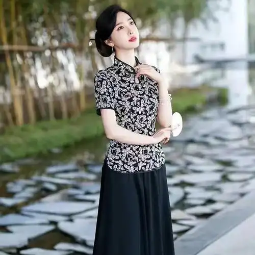 2024时尚水滴领改良短旗袍夏季显瘦宽松遮肚子遮肉民族风短袖上衣