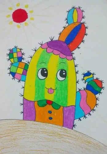 沙漠里的仙人掌儿童蜡笔绘画作品分享