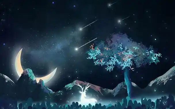 星地球空唯美梦幻冷色星空麋鹿夜空夜景鹿灵月亮原创插画素材
