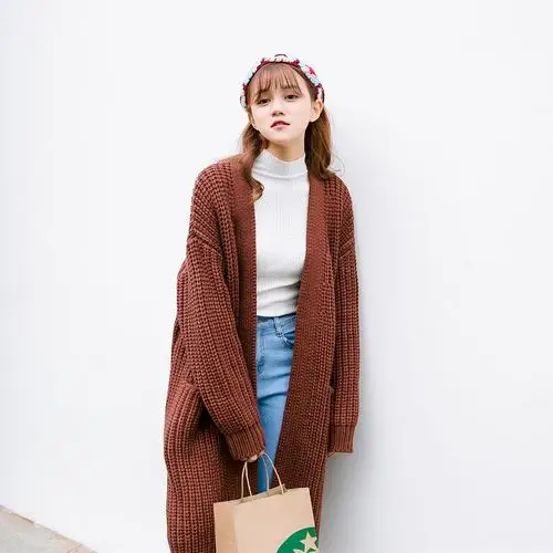 韩国 超厚实慵懒粗线大棒针光板纯色宽松大码长款开衫毛衣外套女