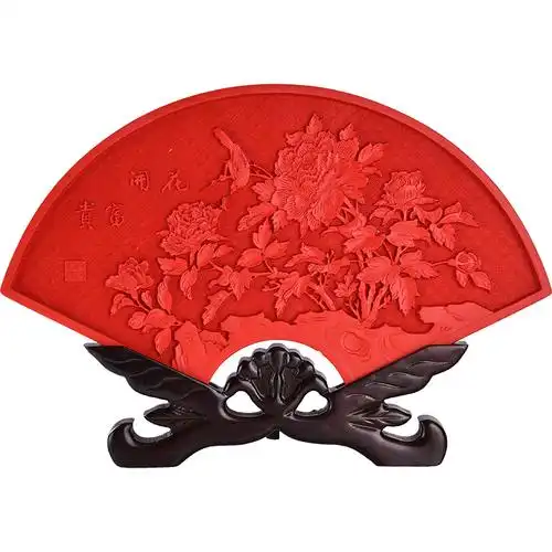 古风装饰礼品红色扬州漆器厂特色纪念品雕漆扇形摆件办公室桌中式