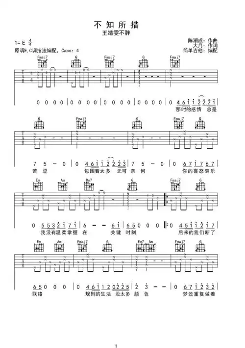 不知所措—王靖雯不胖e调六线吉他谱-虫虫吉他谱免费下载
