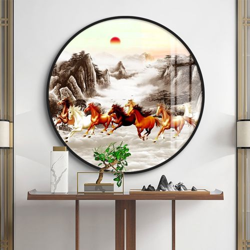 网红八骏图新中式圆形装饰画寓意入户过道背景墙马到成功挂画玄关